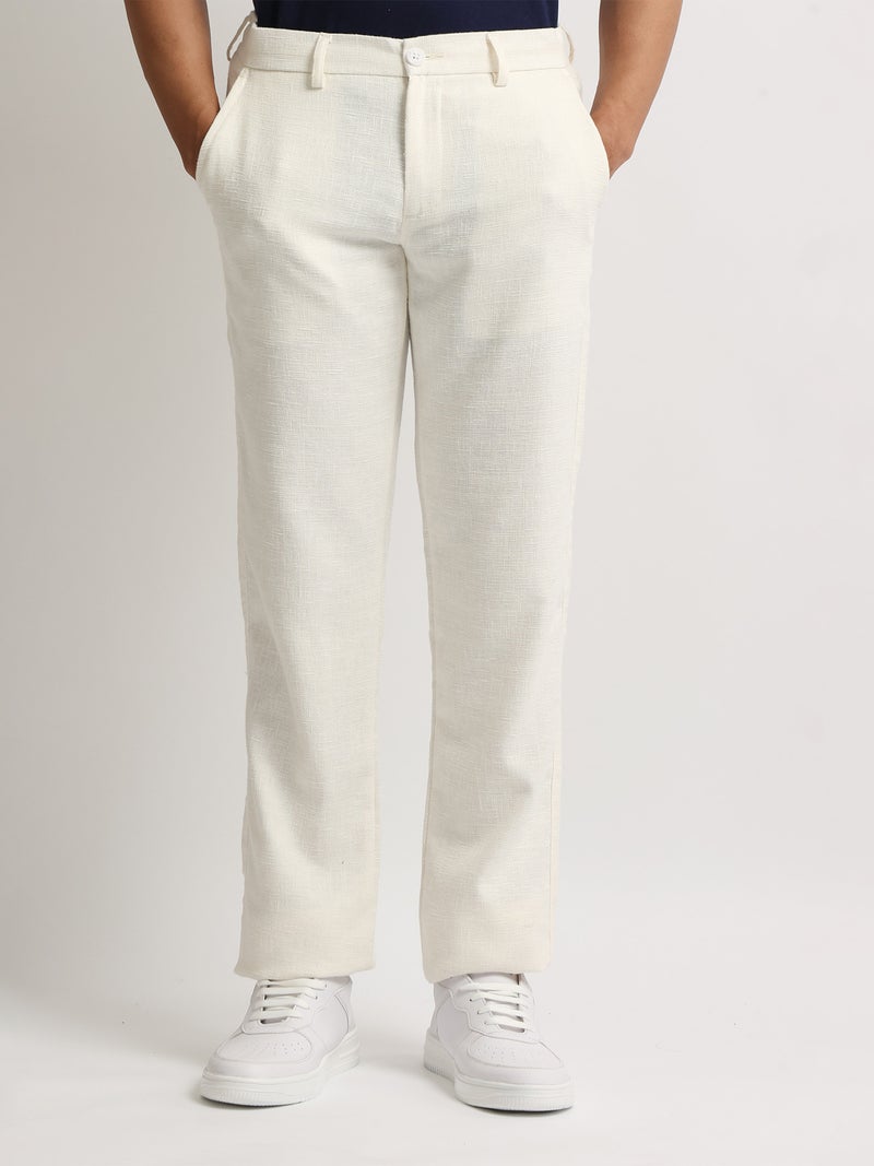 Maniac Mens Solid White Elastic Linen Cotton Blend Trouser - Image 1